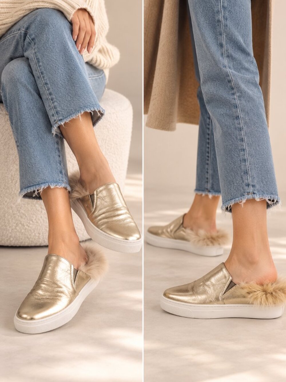 ZCD Montreal Nico Gold Metallic Leather Fur Trim Sneaker Mules Size 38